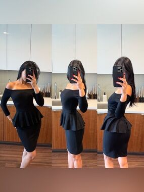 L'AGENCE Black Off-Shoulder Peplum Midi Dress